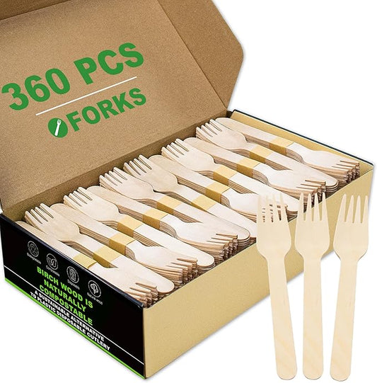 Wooden Cutlery Forks Disposable - 360 Pieces Bulk Green Compostable Forks, Eco-Friendly & Biodegradable, Splinter-Free, Ideal for Tasting, Party, Serving, Samples