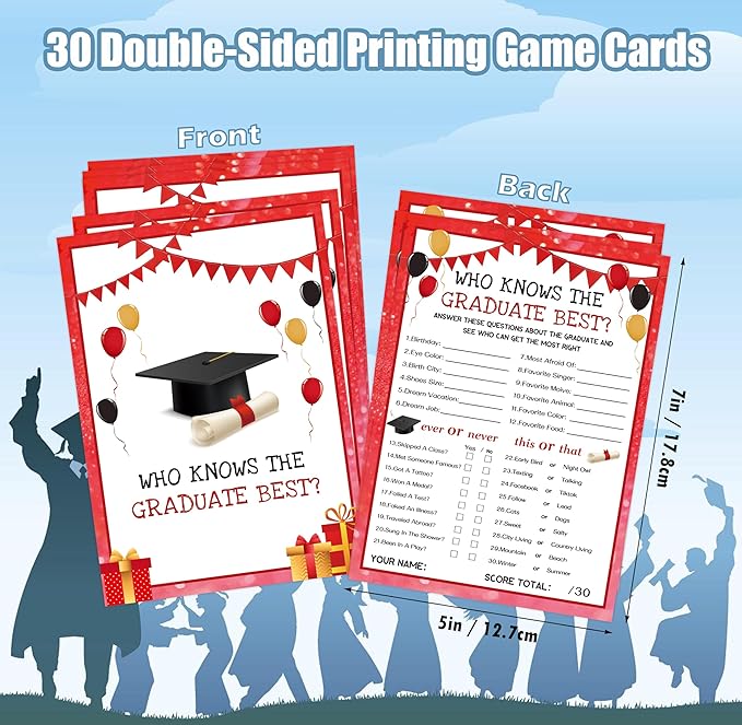 30 Grad Party Games Cards - Who Knows The Graduate Best, Red Graduation Games 2025 Party Favors, Graduation Party Decorations for Senior High School College University