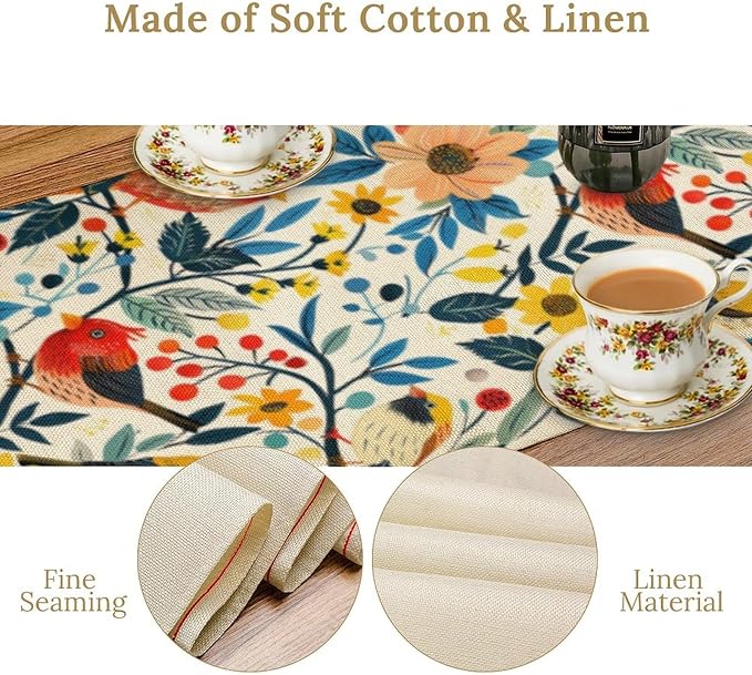 Flowers Birds Spring Table Runner, Colorful Birds Branches Floral Seasonal Kitchen Dining Table Decoration for Home Party Decor 13x120 Inch