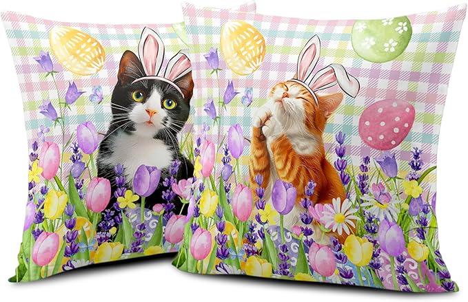 Spring Easter Pillow Covers 18x18 Set of 2 Lovely Cow Cat and Ginger Cat Wearing Bunny Ears Throw Pillow Covers Tulip Floral Pillow Case for Easter Decoration Sofa Patio Garden
