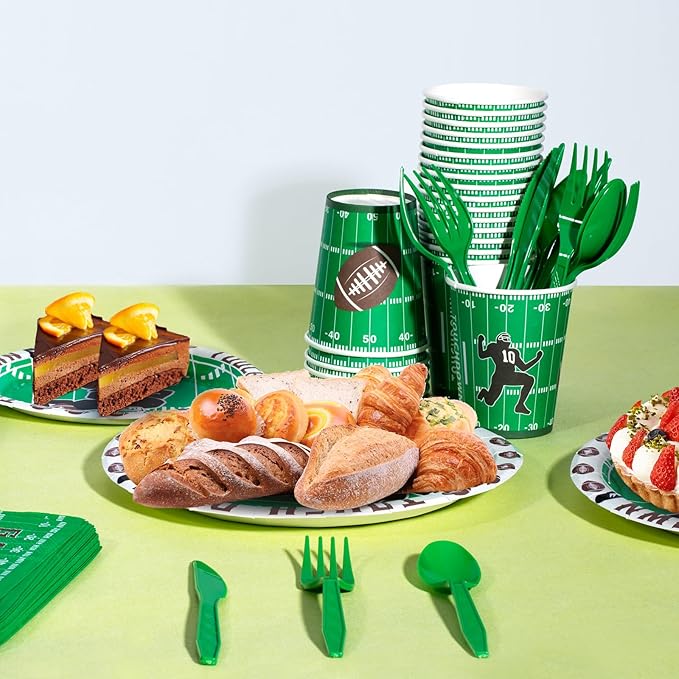 Football Birthday Decorations, 170 Pcs Football Party Decorations Including Banner, Plates, Cups, Napkins, Cutlery, Straws and Tablecloths, Serves 24
