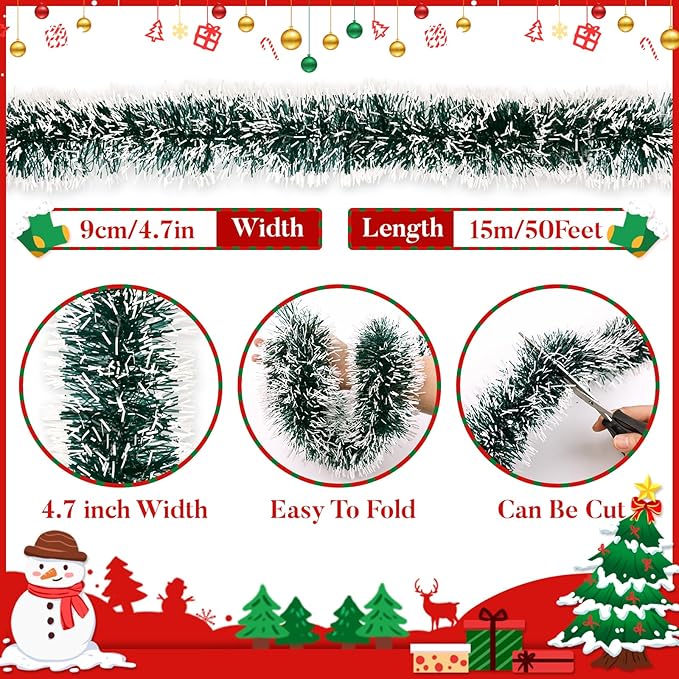 50Ft Christmas Tinsel Garland, Dark Green Snowflake Metallic Twist Garland for Xmas Tree Decorations, Tinsel for New Year Party Ceiling Hanging Decorations Indoor and Outdoor Decor
