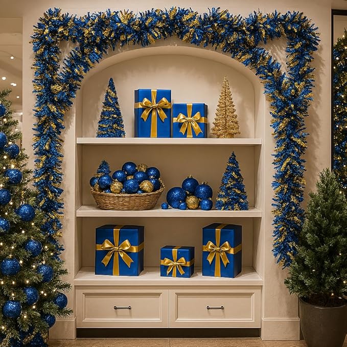 Anderson's Metallic Blue & Gold Tinsel Twist Garland, 25ft Holiday Decoration, Christmas Tree Trim, Parade Float Decor, Party Supplies, Halloween, Graduation, Indoor Outdoor Event Garland