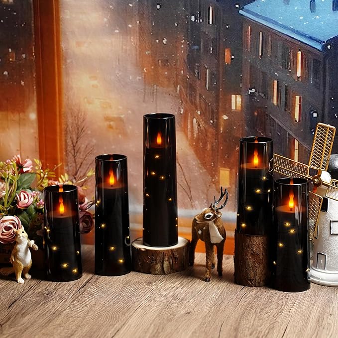 Flameless LED Candles with Timer 5 Pc Flickering Flameless Candles for Romantic Ambiance and Home Decoration Stable Acrylic Shell,with Embedded Star String,Battery Operated Candles（Black）