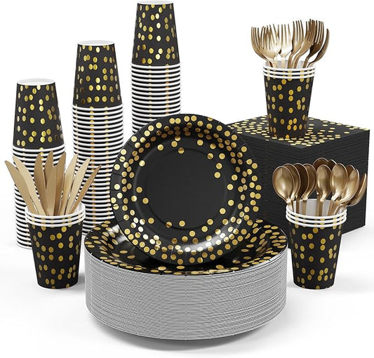 Black and Gold Party Supplies - 350 PCS Disposable Dinnerware Set - Black Paper Plates Napkins Cups, Gold Plastic Forks Knives Spoon for Halloween, Graduation, Birthday, Cocktail Party