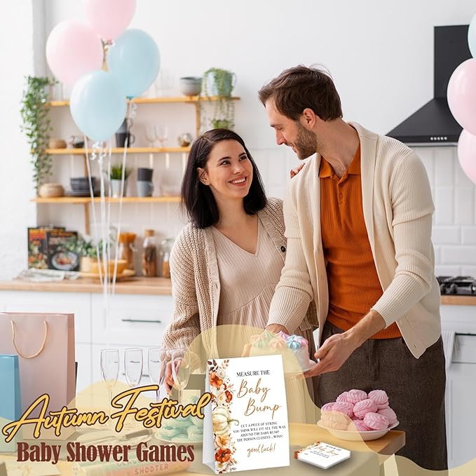 Little Pumpkin Measure The Baby Bump - Thanksgiving Baby Shower Card Set (1 Sign With 50 Guess Cards), Fall Gender Reveal Party Favor Supplies -A12