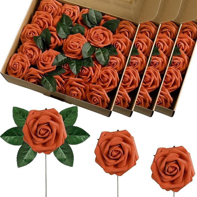 100 Pieces Artificial Foam Rose Flowers Faux Bouquet with Leaves and Stems for DIY Wedding Bouquets Centerpieces Bridal Shower Party Valentine Home Decorations(Orange)