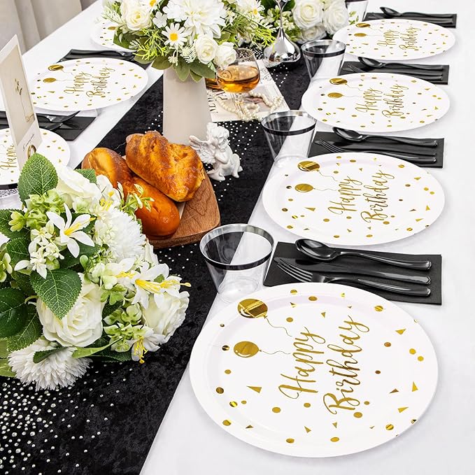 9Inch Birthday Plates and Napkins, White and Gold Balloons Dessert plates Disposable Party Supplies 40PCS Cake Paper Plates Tableware for Birthday Party Decorations