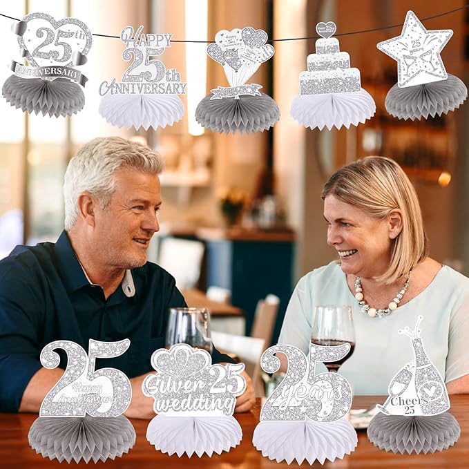9Pcs 25th Wedding Anniversary Decorations 25th Silver Wedding Anniversary Honeycomb Centerpiece Silver Wedding Anniversary Table Toppers Honeycomb Decorations