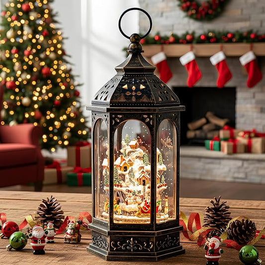 12.8'' Christmas Village Snow Globe Lantern, Santa Sleigh with Reindeer Will Rotate Around The Snowy Mountain Village with Musics Swirling Glitter Water Lantern for Home Decoration and Gift