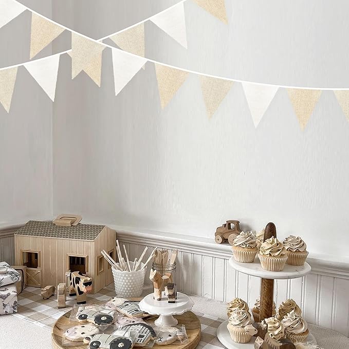 46Ft Burlap Party Decorations White Beige Burlap Banner Triangle Pennant Flag Linen Bunting Garland Streamers for Vintage Birthday Wedding Rustic Baby Shower Engagement Easter Party Decorations