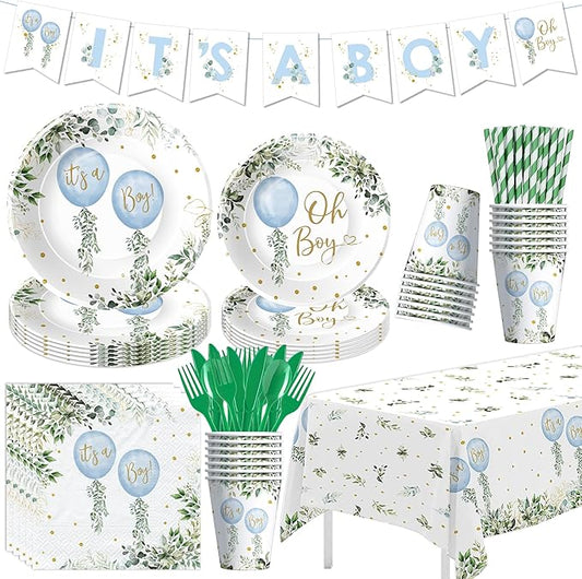 Balloon Baby Shower Decorations, Watercolor Blue Balloon Baby Boy Party Supplies, Plate, Napkin, Cup, Tablecloth, Cutlery, Banner, Greenery Oh Boy Baby Shower Table Decorations, Serves 24