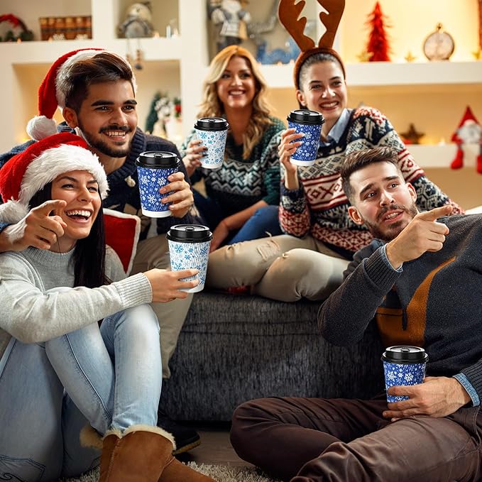 Pickmesh 100 Pcs Christmas Disposable Coffee Cups with Lids 12 oz Corrugated Paper Cups Blue and White Snowflake Drinkware for Xmas Winter Holiday Hot and Cold Beverages Home Party Supplies