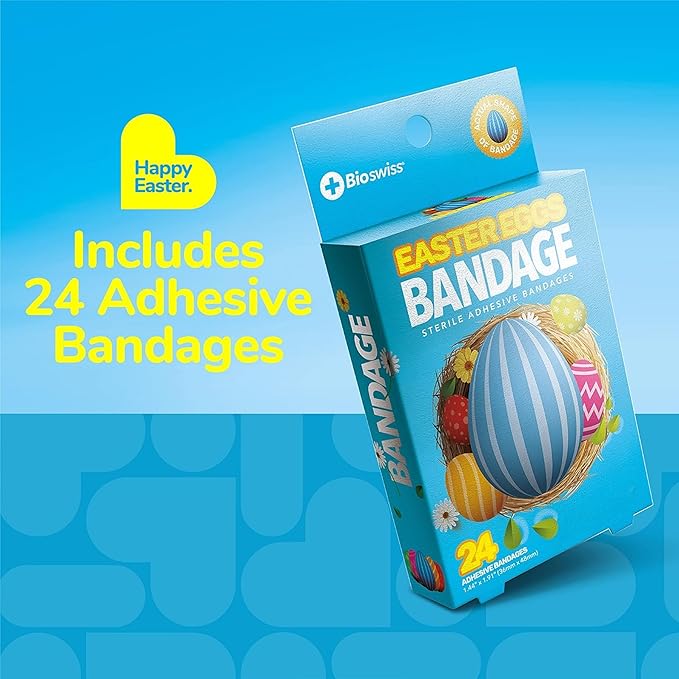 BioSwiss Kids Bandages, Easter Egg Shaped Self Adhesive Bandage Set, Latex Free, Sterile Wound Care, 24 Count