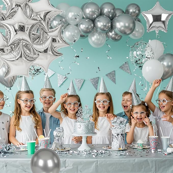 TONIFUL 15Pcs 18 Inch Large Silver Star Shape Foil Balloons Big Silver Stars Helium Mylar Ballons for Birthday Wedding Baby Shower Anniversary Engagement Party Decorations Supplies