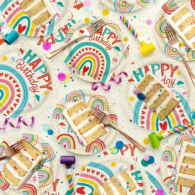 Retro Rainbow Themed Happy Birthday Party Supplies Set - Vibrant Disposable Paper Plates, Cups, Napkins, Tablecloth & Birthday Banner - Fun & Colorful Design for Boys/Girls - For 25 Guests