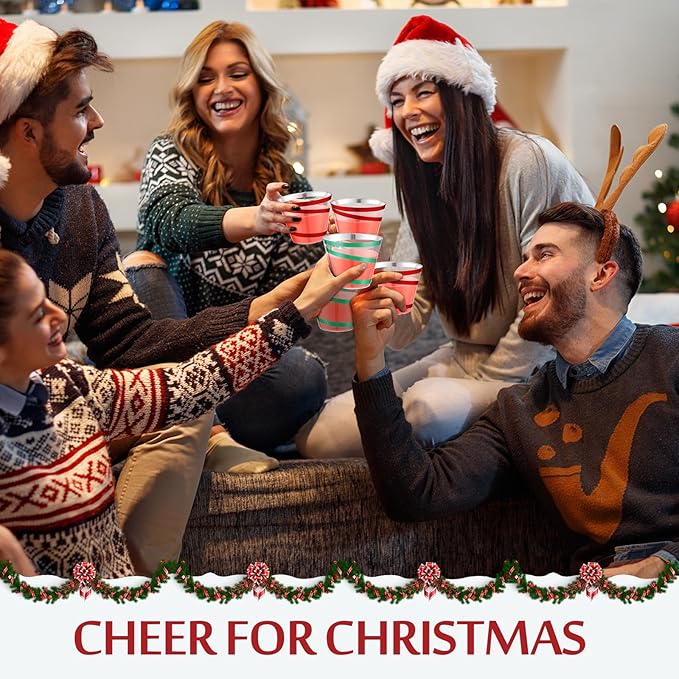 Gejoy 9 oz Rimmed Swirl Plastic Cups Disposable Wine Drinking Cups Clear Elegant Halloween Tumblers for Christmas Party Supplies(Red,Green,200 Pcs)