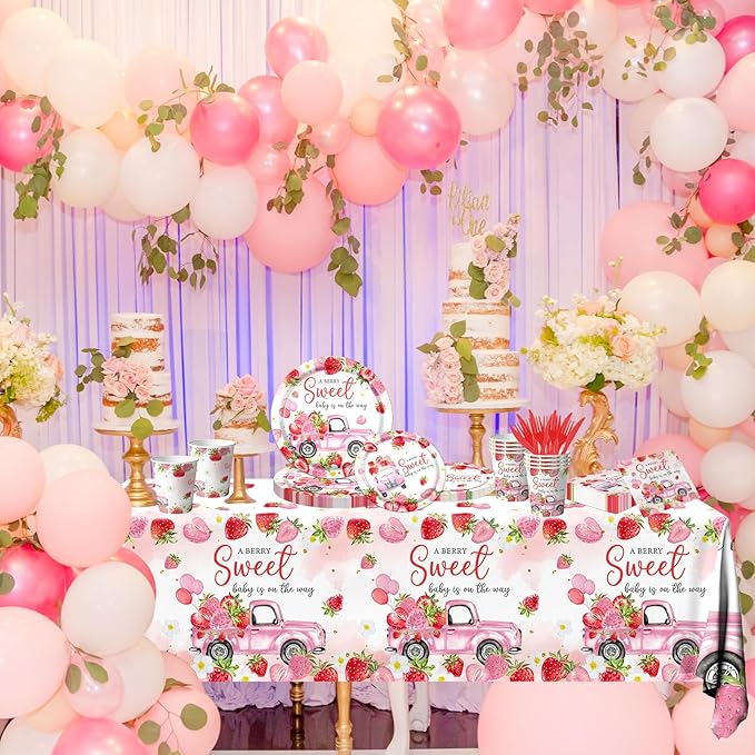 Strawberry Baby Shower Decorations,A Berry Sweet Baby Is On The Way Plates and Napkins Tablecloth Supplies Watercolor Strawberry Birthday Tableware Set for Girl Baby Shower Party