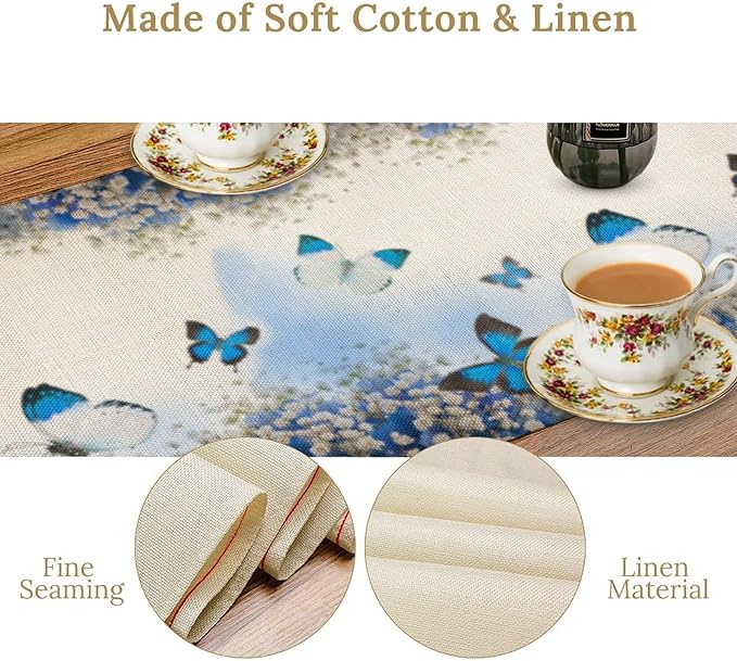 Flowers Butterfly Spring Table Runner, Blue Floral Seasonal Kitchen Dining Table Decoration for Home Party Decor 13x90 Inch