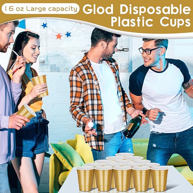 Dualshine 100 Pack 16 oz Gold Plastic Cups, Disposable Plastic Party Cups, Heavy Duty Drinking Water Cup for Wedding Birthday Graduation Valentine's Day Christmas Baby Shower Picnic Barbecues Supplies