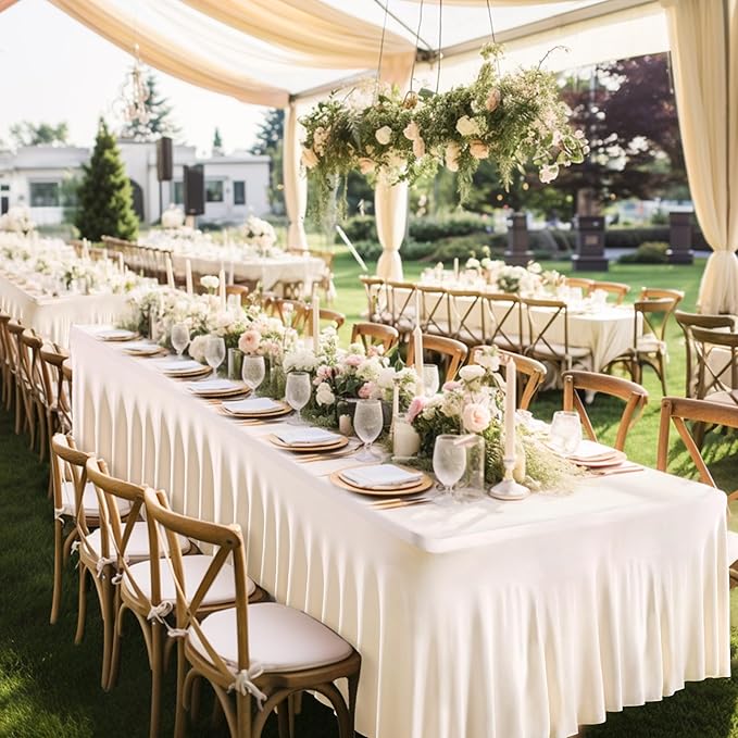1 Pack Ivory Table Clothes for 8 Foot Rectangle Tables, One-Piece Wrinkle Resistant Stretch Spandex Table Covers with Skirt for Event Banquet Wedding Birthday Party
