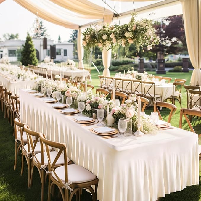 1 Pack Ivory Table Clothes for 4 Foot Rectangle Tables, One-Piece Wrinkle Resistant Stretch Spandex Table Covers with Skirt for Event Banquet Wedding Birthday Party