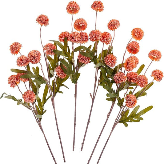 SITUMEIZI Orange Pompon Mum Artificial Flowers Faux Silk Mums Mini Chrysanthemum with Stems 6Pcs for DIY Orange Wedding Centerpieces Floral Arrangements