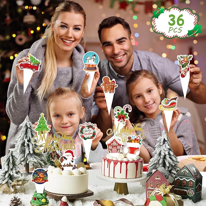 36 PCS Christmas Party Happy Birthday Cupcake Toppers Merry Christmas Theme Party Decorations Cake Decor Cupcake Decorations Cake Decorating Party Supplies Decor for Baby Shower Boys Girls