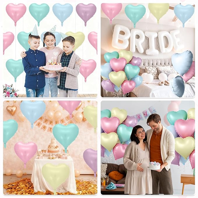 Pastel Heart Balloons, 10 Pcs Macaron Heart Shape Balloon, 18 Inch Pastel Pink Purple Teal Blue Yellow Foil Valentines Balloons for Kids Candy Birthday Wedding Valentines Baby Shower Party Decorations