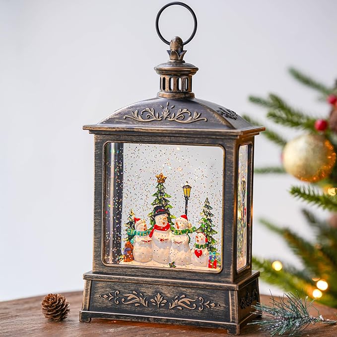 12.5'' Christmas Snow Globe Lantern Lighted Snowman Choir Musical Snowmen Carolers Water Lantern in Swirling Glittering Home Decoration and Gift, Battery Operated or USB Powered