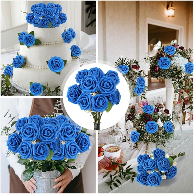 100 Pieces Artificial Foam Rose Flowers Faux Bouquet with Leaves and Stems for DIY Wedding Bouquets Centerpieces Bridal Shower Party Valentine Home Decorations(Royal Blue)