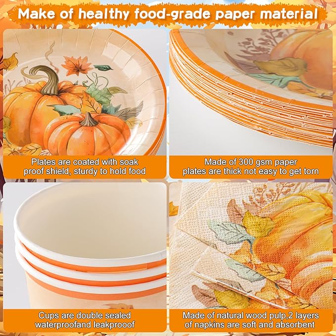 WinTS 170 pcs Thanksgiving Plates Set for 24 Guests,9" x 7" Thanksgiving Themed Party Disposable Dinnerware Set Thanksgiving Pumpkin Dinner Paper Plates for Harvest Autumn Holiday Fall Party