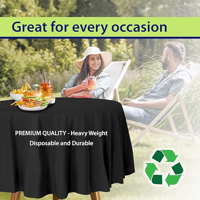 Party Dimensions Black Disposable Plastic Tablecloth for Round Tables (12 Pack) 84 inches Table Cloths for Parties, Events & Weddings, Indoors & Outdoors, Plastic Table Cover
