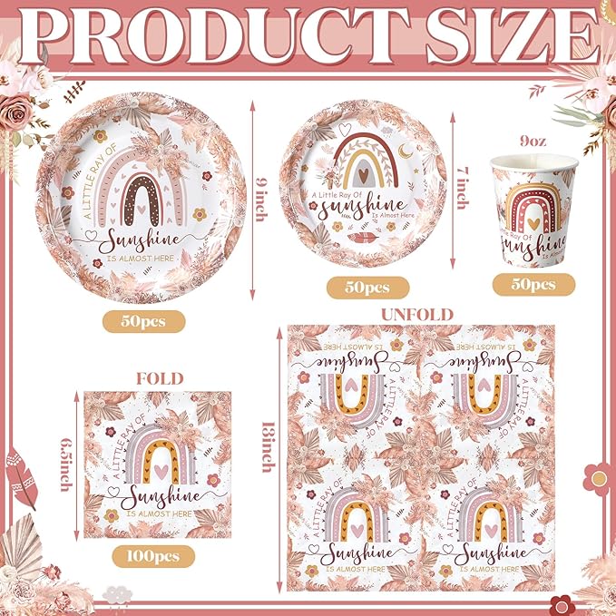 Hsei 250 Pcs Boho Plates and Napkins Party Decorations Disposable Tableware Sets Baby Shower Birthday Party Supplies Serves 50 Guests Dinnerware Bridal Baby Shower Favors