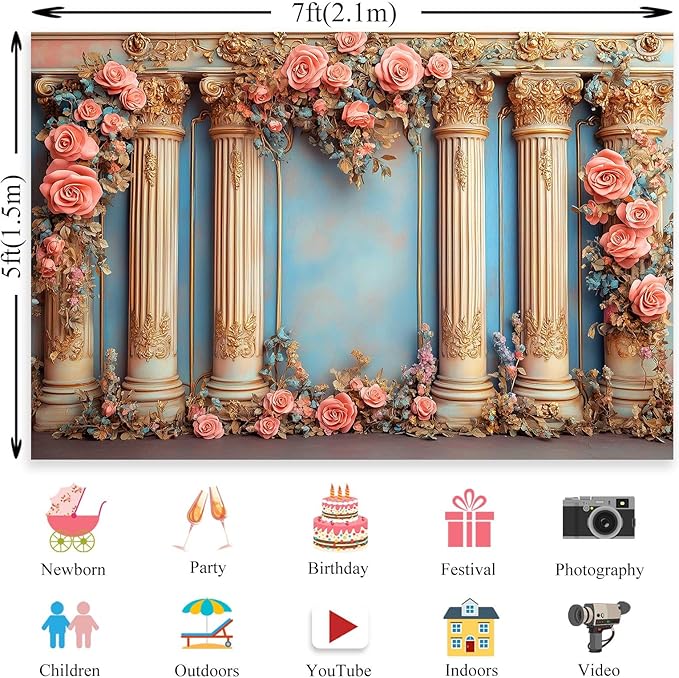Romantic Pink Flower Background Indoor Pink and Blue Backdrop Palace Wedding Photo Backdrop for Bridal Shower Portrait Pageant Pageant Engagement Photography Backdrops YUNBDJ1850