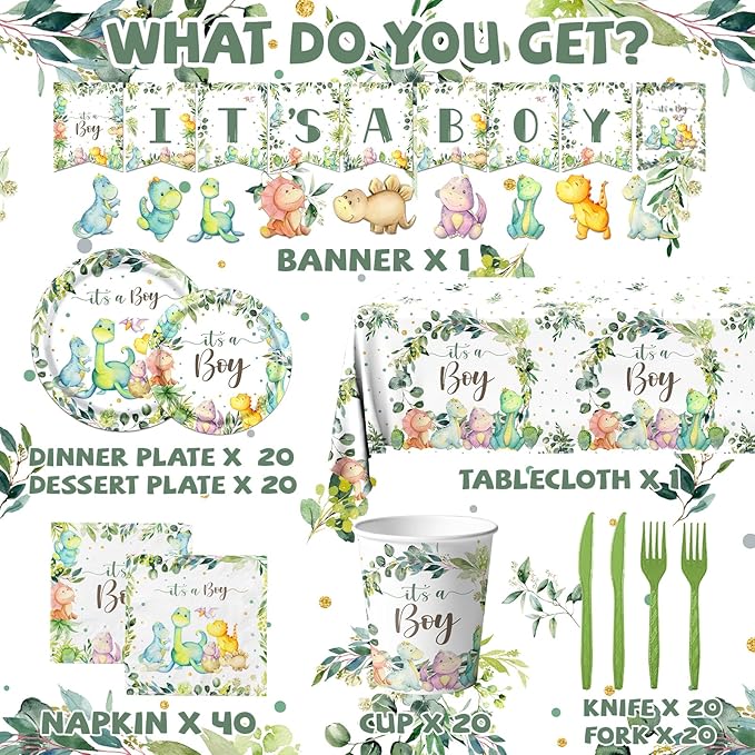 Dinosaur Birthday Party Decorations It's a Boy Baby Shower Party Supplies Disposable Dino Plates Napkins Banner Tablecloth Dinosaur Baby Boy Shower Decorations for 20 Guests