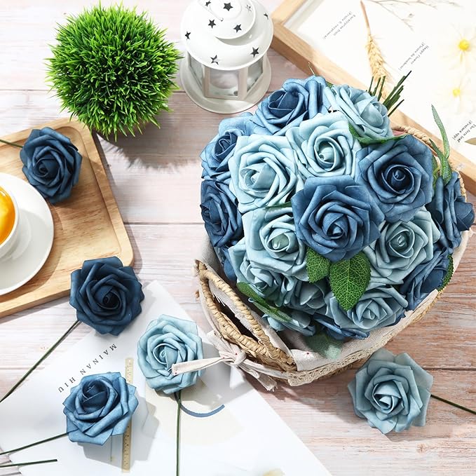 100 Pieces Artificial Foam Rose Flowers Faux Bouquet with Leaves and Stems for DIY Wedding Bouquets Centerpieces Bridal Shower Party Valentine Home Decorations(Blue Two Tone)