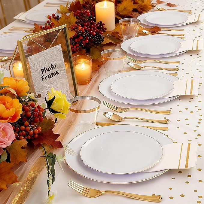 Festiva 176Pcs White and Gold Plastic Plates - White with Gold Rim Fall Dinnerware Set - 25Guest include Plates Cups Cutlery Napkins for Fall Party&Wedding& New Year&Thanksgiving