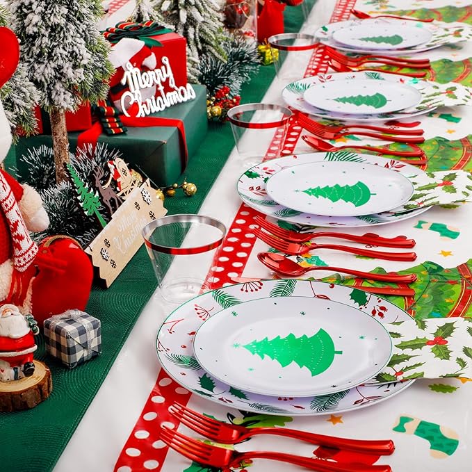 Festiva 176Pcs Christmas Plastic Plates Heavy Duty- Christmas disposable Dinnerware Set-include 50Plates 25Plastic Silverware 25Cups 25Holly Berry Napkins