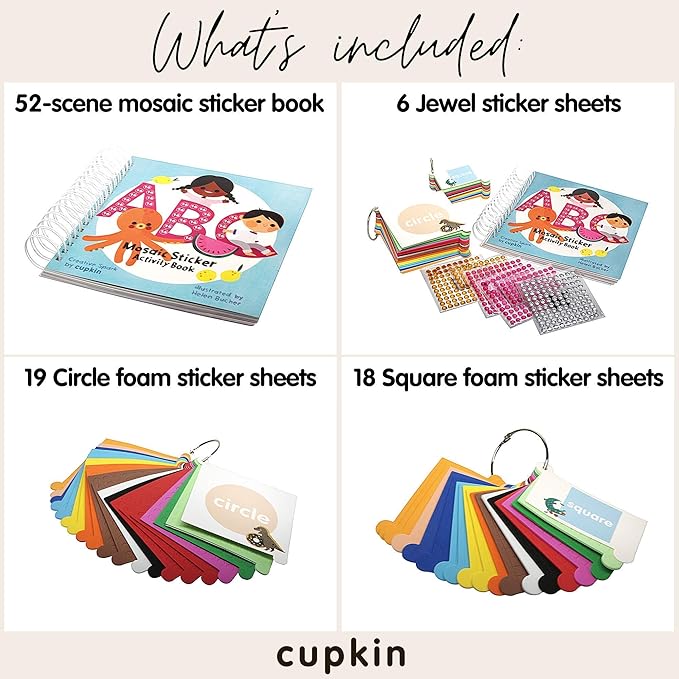 Cupkin Mosaic Sticker Art Kits for Kids and Adults, ABC Mosaics Art Craft Kit for Boys and Girls, 52 Page Sticker by Number Mosaic Kit with 3,000+ Jewel + Foam Stickers, Kids Coloring Book