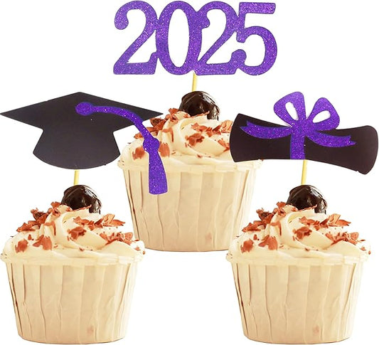 2025 Graduation Cupcake Toppers, 48 PCS Food/Appetizer Picks For Graduation Party Mini Cake Decorations, Diploma, 2025, Grad Cap Set 48 Pieces (05 Purple)
