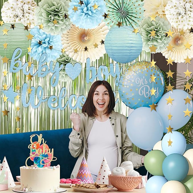 Dusty Blue Sage Green Baby Shower Decorations -Welcome Baby Boy Banner, Retro Sea-blue Green Balloons, 'Oh Baby' Cake Topper, Pom Poms Flowers Paper Fan For Birthday Jungle Boho Blue-Party Décor