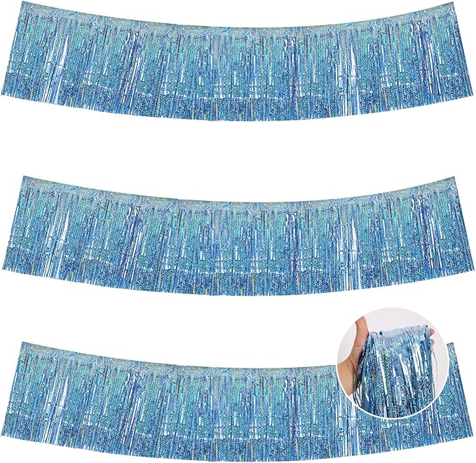 BEISHIDA 3 Packs Metallic Foil Fringe Garland Laser Light Blue Wall Hanging Tinsel Fringe Banners for Car Floats Bridal Shower Wedding Birthday Easter Graduation Holiday Party Decoration(30 Feet)