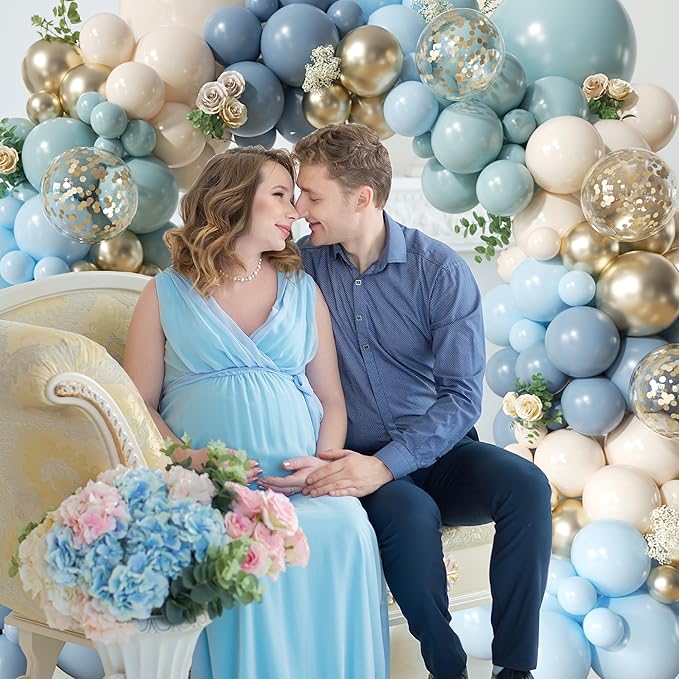 Dusty Blue Balloon Arch Kit, 148Pcs Retro Blue Macaron Blue Dusty Blue White Sand Gold Confetti Balloons for Baby Bridal Shower Wedding Engagement Birthday Party Decorations