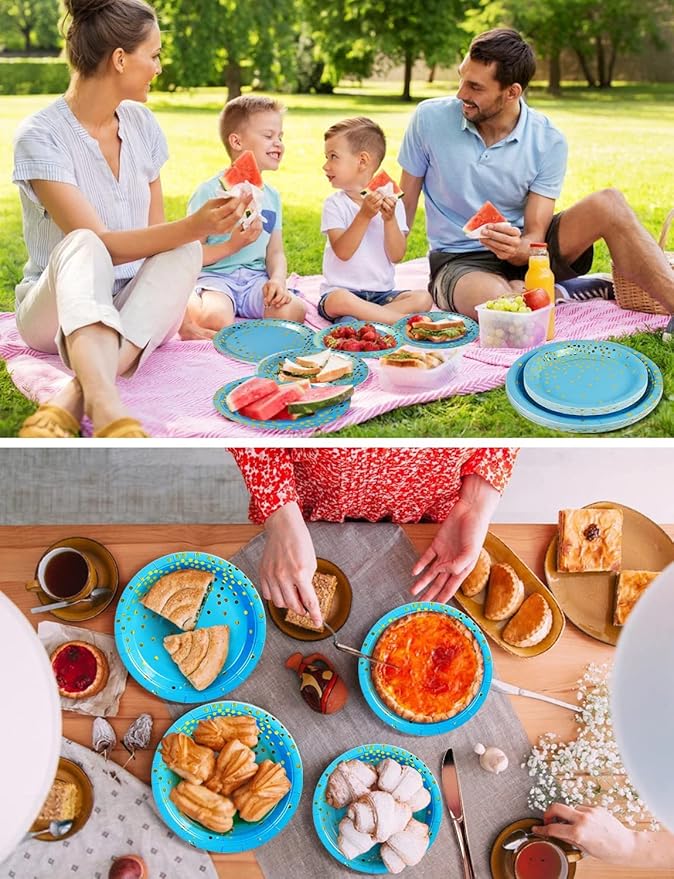 141 Pieces Sky Blue Gold Party Supplies, Disposable Party Decorations Sets Include Paper Plates Napkins Cups, Plastic Forks Knives Spoons, for Baby Shower Birthday Wedding -20 Guests