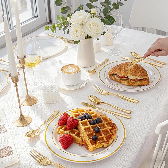 WDF 500PCS Gold Plastic Silverware Set Disposable - Gold Cutlery Set Plastic - 250Forks, 125 Spoons, 125 Knives for Thanksgiving Party, Birthday, Wedding