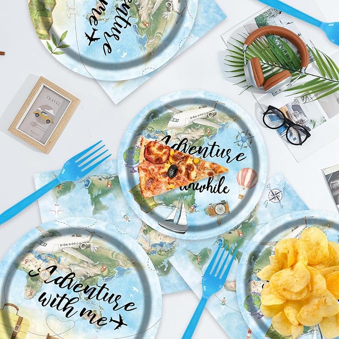 96Pcs Travel Themed Supplies Adventure Awaits Party Decorations Around the World Party Plates and Napkins Forks for 24 Guests - Disposable Tableware Travel for Baby Shower Birthday Decorations