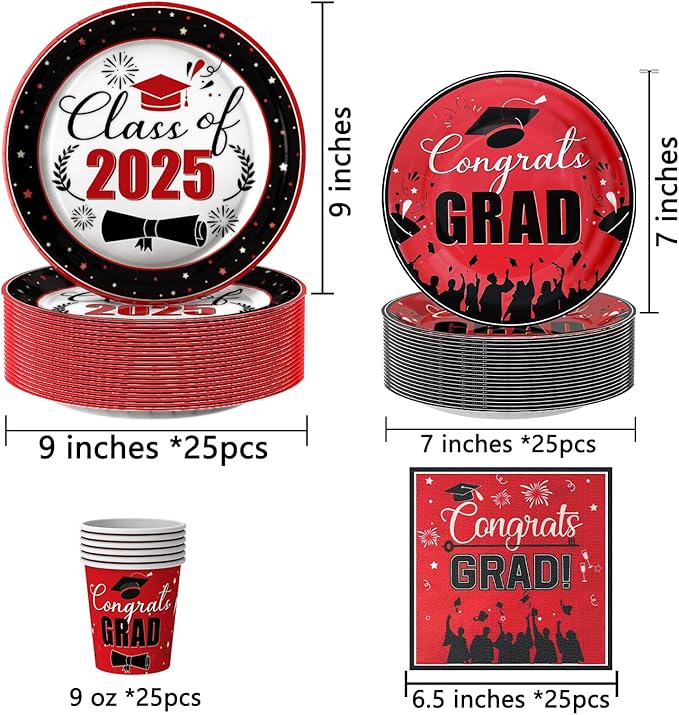 126PCS Graduation Party Decorations of Class 2025 - Including Disposable Paper Plates, Congratulation Banner, Tablecloth, Cups & Napkins for graduation party Supplies