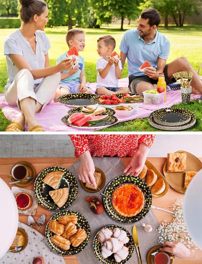141 Pieces Black Gold Party Supplies, Disposable Party Decorations Sets Include Paper Plates Napkins Cups, Plastic Forks Knives Spoons, for Baby Shower Birthday Wedding -20 Guests