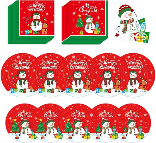 150 Pcs Merry Christmas Plates and Napkins Set - Xmas Paper Plates and Napkins, Snowman Dinner Dessert Plate Napkin Tableware Kit for Winter Christmas Party Supplies Table Decorations, Serve 50